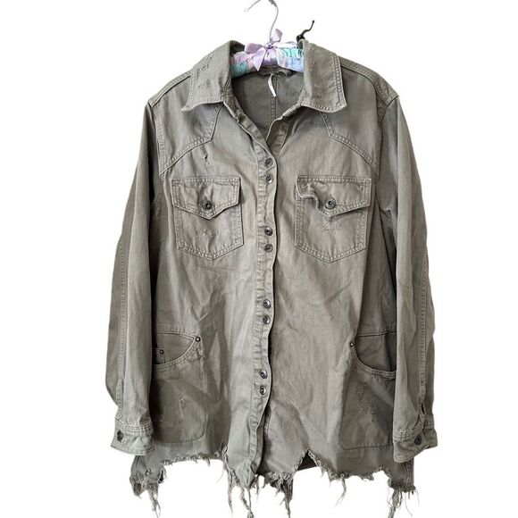 Free People Moonchild Distressed Denim Olive Green Raw Hem Jacket | Size Large - Picture 2 of 8